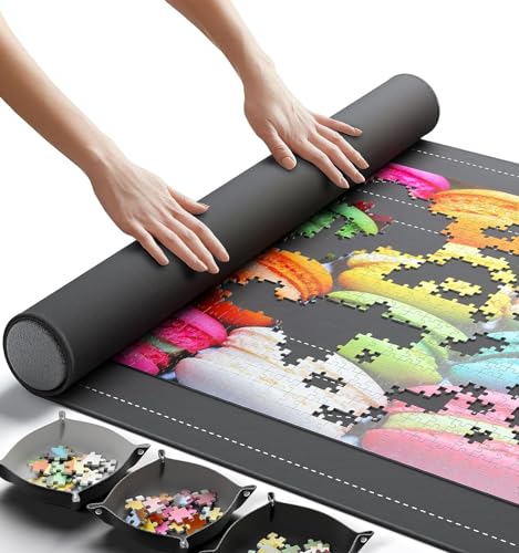 51mueROGN4L Newverest Puzzlematte Zum Aufrollen 117 X 66 Cm – Für Bis Zu 1500 Teile, Rutschfeste Unterseite &Amp; Glatte Oberfläche + 3 Sortierschalen &Amp; Tragetasche Für Reisen