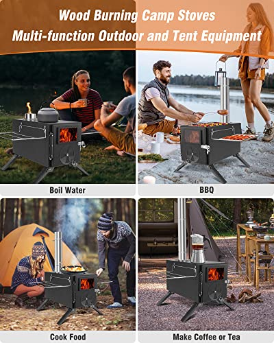 Wood Stove for Hot Tents, Rikuy Upgraded Titanium Surface Camping Stove with Chimney Pipes for Tents, Shelter, Outdoor Portable Burning Stove for Heating and Cooking, Include Spark Arrestor and Gloves