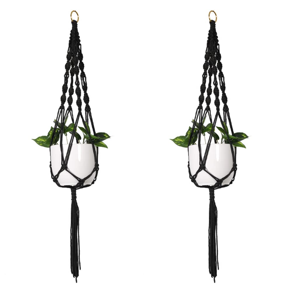 CENPEK 2 Pack 105CM Macrame Plant Hangers, Hanging Planter Baskets Hanger with Tassels Flower Pot Holder Cotton Rope Black