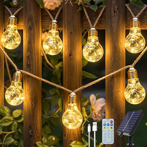 Ollny Solar String Lights Outdoor, 24 Bulbs 12M Weatherproof String Lights, 8 Modes, Timer, Dimmable, USB for Garden Balcony Patio Wedding Party Vintage
