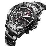 SONGDU Men's Sport Chronograph Black Quartz Watch with Stainless Steel Bracelet