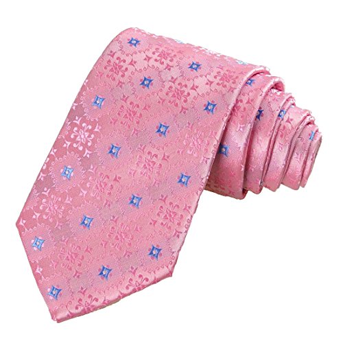 Mens Pink Blue Bohemian Flora Checked Pattern Jacquard Woven Tie Necktie
