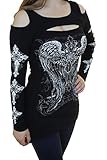 Bling Bling Rhinestone Tattoo Cross Rose Wings Peekaboo Cutout Shoulders New Top