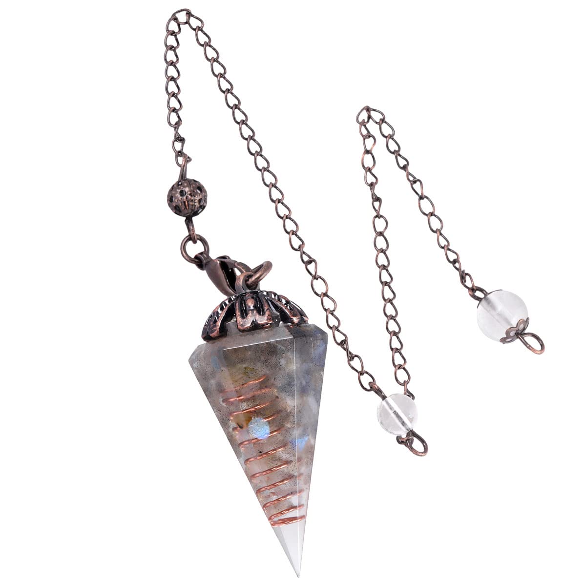 Nupuyai Labradorite Vintage Crystal Point Dowsing Pendulum for Divination Scrying, Healing Faceted Hexagonal Resin Chip Stone Pendulum with Chain