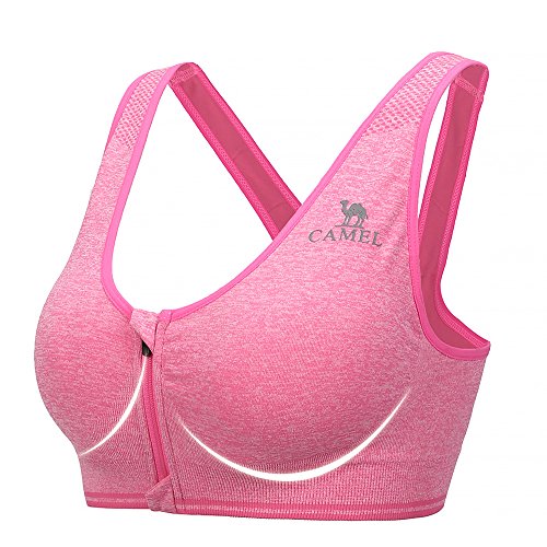 Camel Padded Sports Bras For Women Wireless Sports Bra Front Zipper Closure 3D Full Cover Yoga