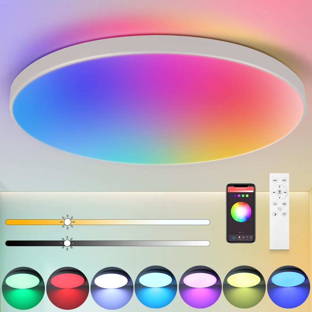 CANMEIJIA LED Ceiling Light IP44, 12 Inch 24W Smart Ceiling Lights RGB Dimmable with Remote Control Bathroom Lights 3000-6500K 2520LM for Living Room Bedroom Kitchen Hallway Round,White
