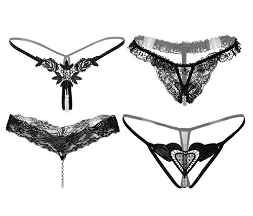 4 Pack Black Set Women Sexy Lace Hollow Massage Pearl Briefs Panties Lingerie Knickers G-string Thongs Panties Underwear (2)