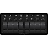Blue Sea Systems 8-Position Water-Resistant Breaker Panel, Black | IP66 panel front; 12V/24V DC; Contura switches with LEDs; waterproof breaker boots