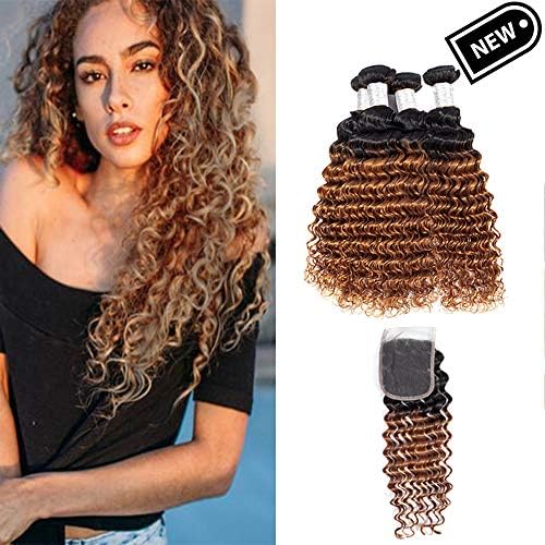 Jiuling Ombre Brazilian Deep Wave Bundles with Closure (16161818+14, 1B/30) 100% Unprocessed Virgin Human Hair Bundles Deep Curly Human Hair Extensions