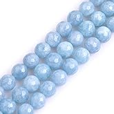 JOE FOREMAN Faceted 10mm Aquamarine Color Jade Round Natural Stone Beads for Jewelry Making Strand 15" Beaded Semi Precious Gemstone DIY Handmade Craft Supplies