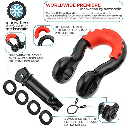motormic Shackle Hitch Receiver 2" (35,000 lbs Max Capacity) with 3/4" D Ring and 7/8" Screw Pin Safety Ring - Includes 1 Black Bent Pin, 4 Rubber Washers and 1 Red Isolator