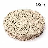 king do way 12Pcs Hand Crocheted Doilies,Beige 8'' Round Floral Crochet Lace Flower Doily French Country Placemat crocheted doilies