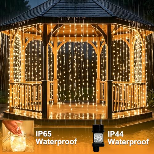 Lichtfam Curtain Lights, 6 x 3 m 600 LED Waterfall Lights with Plug, 8 Modes Decoration Wedding Waterproof Curtain Light for Balcony Garden Party Wall Ceiling Room Indoor Outdoor