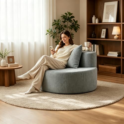 Accent Chair, Round Chaise Lounge Chair with Deep Seat, Modern Chenille Upholstered Lounge Chair, No Assembly Floor Sofa for Living Room Bedroom Apartment, 34.65 Inch Wide, Gray