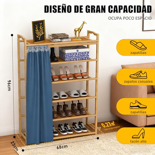 Zapatero de Bambú con Cortina, Diseño Plano de 6 Niveles, con Capacidad para 24 Pares de Zapatos, Cada Nivel Soporta 20 kg, Longitud Total 70 cm.