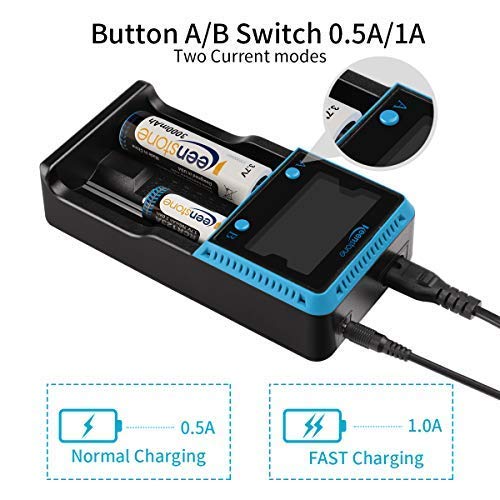 Keenstone Cargador Pilas Universal Inteligente, 18650 ICR BRC Baterías LCD Pantalla Cables para baterías Recargables Ni-MH Ni-CD AA AAA SC 10440 14500 16340 18560 22650 25500 26650 20700 (2 Ranuras)