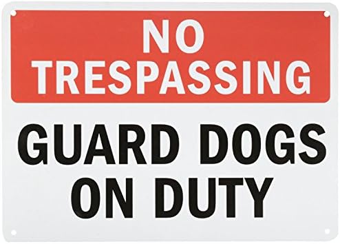 No Trespassing Guard Dogs on Duty, 10" high x 14" wide, Black/Red on White, Self Adhesive Vinyl Sticker, Indoor and Outdoor Use, Rust Free, UV Protected, Waterproof