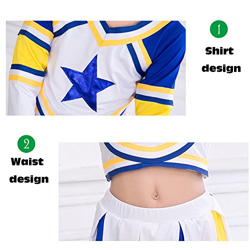 Girls Blue Cheerleader Long Sleeve Outfit+Poms+socks Fits 3-15Yrs Clothes Dress (6-8) - Thumbnail 3
