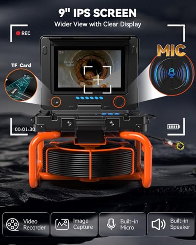 Caméra Inspection Canalisation 9'' Écran IPS, Caméra Égout Auto-Nivelante avec Compteur de Distance, HD 1080P Endoscope Tuyau avec Enregistrement Vidéo & Audio, Carte de 32 Go (9''-23MM/100FT)