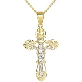 Solid 14K Two-Tone Gold Roman Catholic Cross Charm with Jesus INRI Crucifix Pendant Necklace