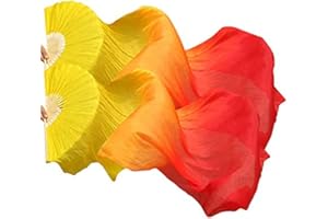 TMZAQH Women 1 Pair (Left+Right) Silk Belly Dance Fans Veil Belly Dancing Long Folding Fans Length 150 cm Width 90 cm