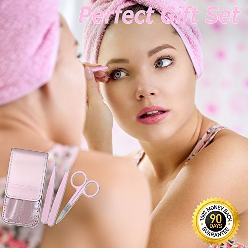 Tweezers for Eyebrows Set of Three- Includes Case with Professional Pointed Needle Nose, Slant & Straight Precision Stainless Steel- Ingrown Hair Nose, Hair Eyebrow & Splinters (Metalic)