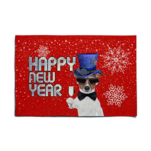 Felt Doormat Cute Dog In Top Hat Wish Happy New Year 2018, 15.5 x 23Inch, Customize 40 x 60cm Red Joyful Felt Bath mat