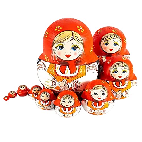 PXIWDAN Nesting Doll Natural Wooden Matryoshka Doll Set of 10,Traditional Babushka Home Decor, Wooden Handmade Matryoshka Stacking Doll