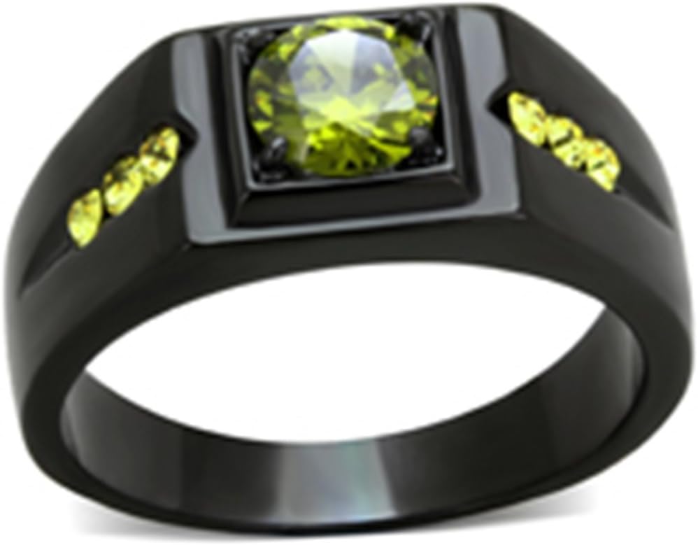 Marimor Jewelry Men's 1 Ct Olivine Green Cubic Zirconia Stainless Steel Black Ion Plated Ring
