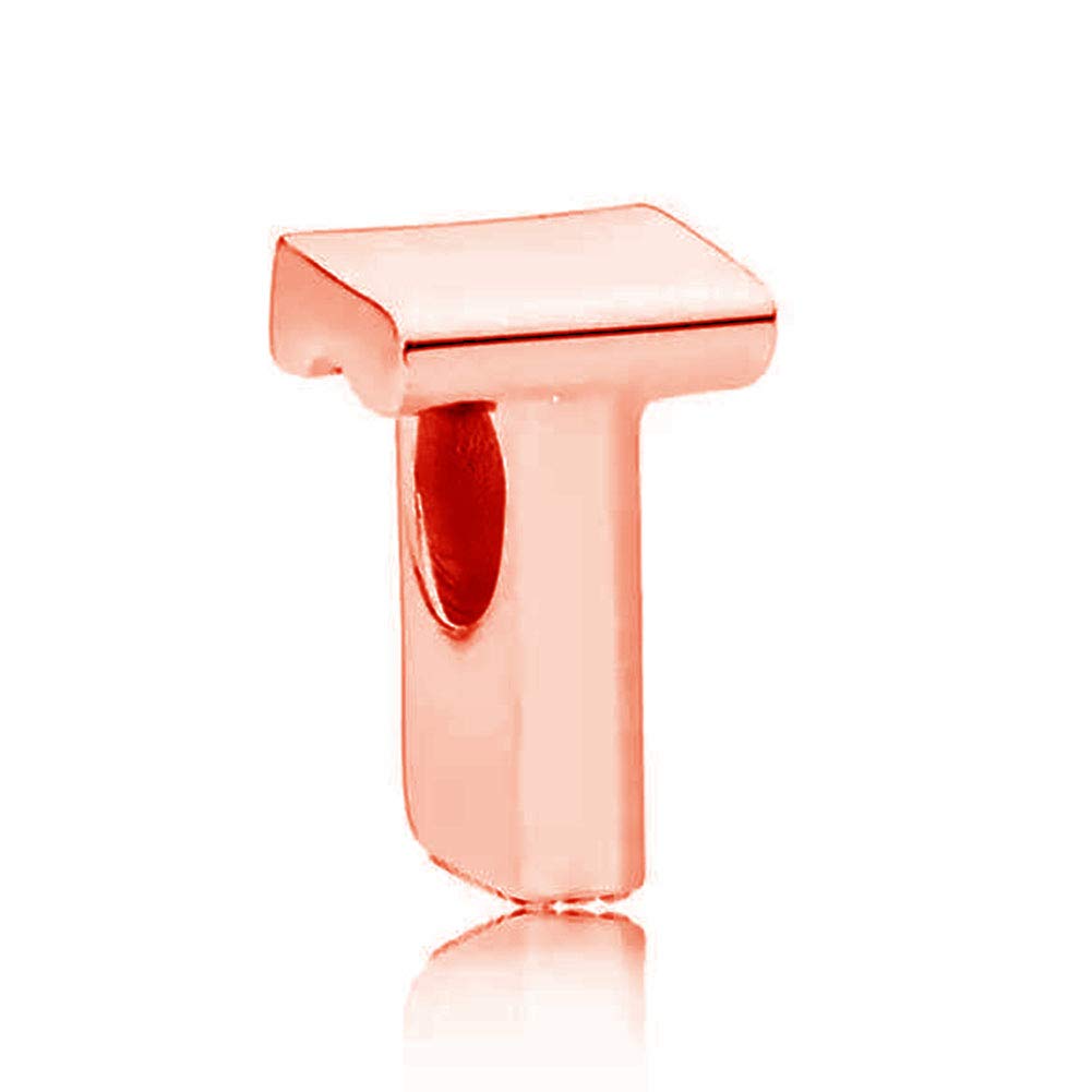 925 Sterling Silver Rose Gold Beads Alphabet Charms Letter Initial T Charm Anniversary Charm Words Charm fits Pandora Charms Bracelet (T)