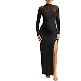 Dedysler Maternity Long Sleeve Maxi Wedding Guest Dress for Baby Shower with Mesh Split Mock Neck Bodycon Casual Pregnancy