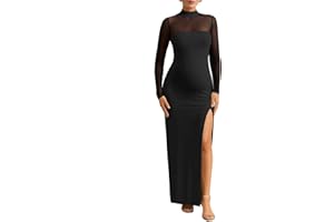 Dedysler Maternity Long Sleeve Maxi Wedding Guest Dress for Baby Shower with Mesh Split Mock Neck Bodycon Casual Pregnancy