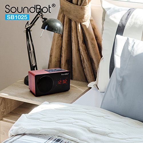 SoundBot SB1025 Alarm Clock FM Radio Bluetooth Wireless Portable Speaker w/ Acoustic 76mm Premium 7w Driver, 6Hrs Music Streaming, Built-in Battery, 3.5mm Aux Port LED Display