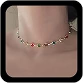 Xduargs Boho Colorful Crystal Choker Sparkly Rhinestone Necklace Chain Rainbow Crystal Gem Necklace for Women
