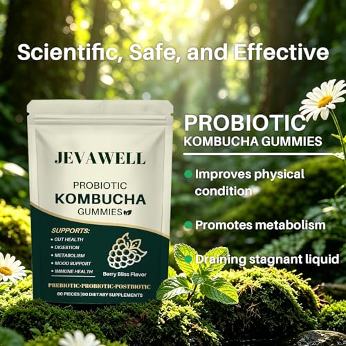 JEVAWELL Kombucha Gummies, Supports Digestive Health & Gut Balance, Daily Wellness Formula, 60 Gummies