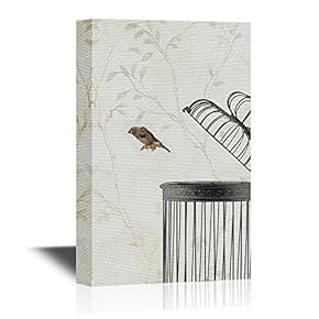 Canvas Wall Art - Bird Flying Away from a Bird Cage on Floral Pattern Background - Gallery Wrap Modern Home Art | Ready to Hang - 12x18 inches