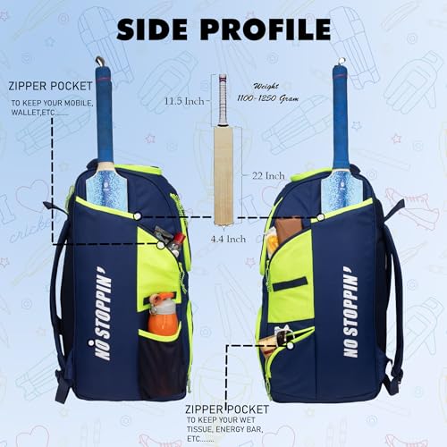 WHACKK Crowe 60L Cricket Kit Bag Navy | Youth Size Backpack Bag with 2 Bat Sleeves, Shoe & Helmet Pocket | Bottle Holder & Easy Access Pocket 3