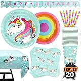 102 Piece Rainbow Unicorn Party Supplies Set Including Banner, Plates, Cups, Napkins, Straws, and Tablecloth, Serves 20