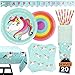 102 Piece Rainbow Unicorn Party Supplies Set Including Banner, Plates, Cups, Napkins, Straws, and Tablecloth, Serves 20 primary