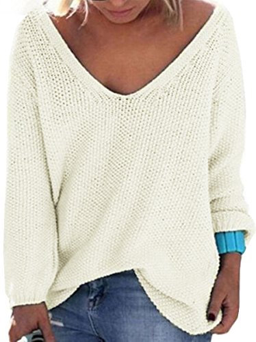 UGET Women s Casual Autumn V Neck Loose Knit Pullover Tops Sweater Jumper Asia M White