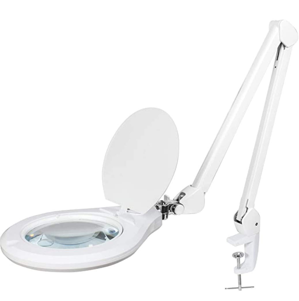 Neatfi Elite Super LED Magnifying Lamp with Clamp – 15cm Glass Lens, 2.25X/4X Bifocal, 6500K Daylight | Glare-Free, Nonpolar Dimming | Reading, Crafting & Precision Work (White)