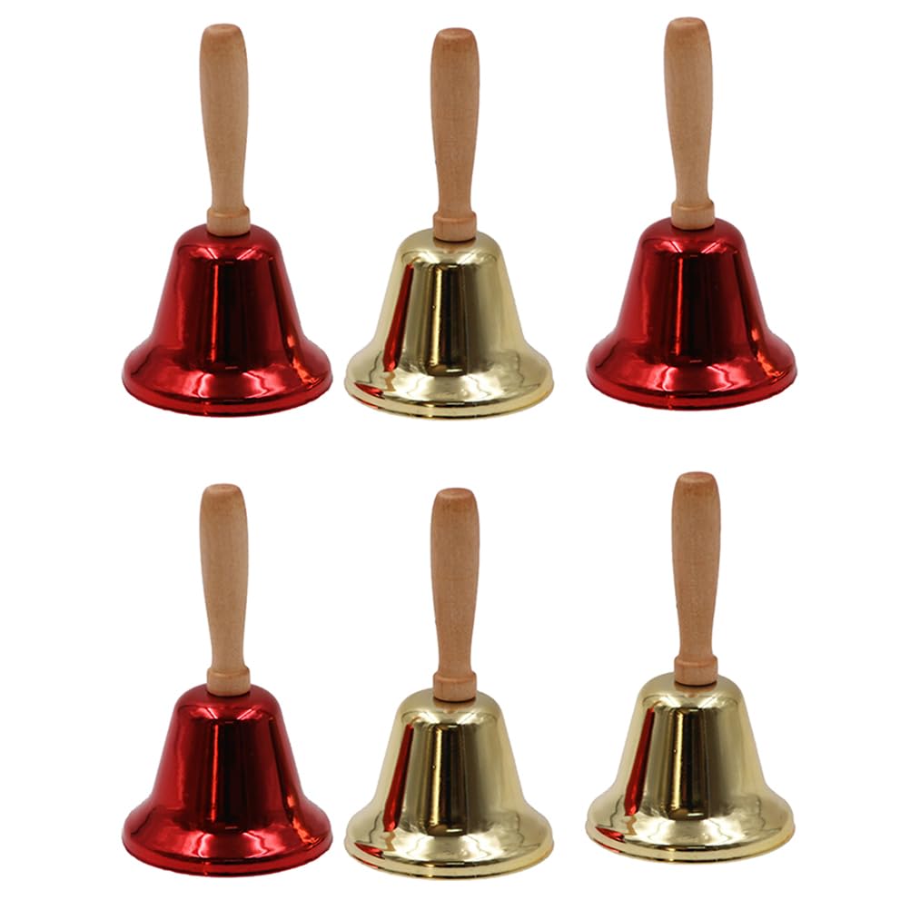 VALICLUD 6pcs Santa Claus Hand Bells Wooden Handles Hand Held Christmas Bells School Xmas Ornament for Kids Christmas School Hotel Service Wedding Festival Decoration Gold Red