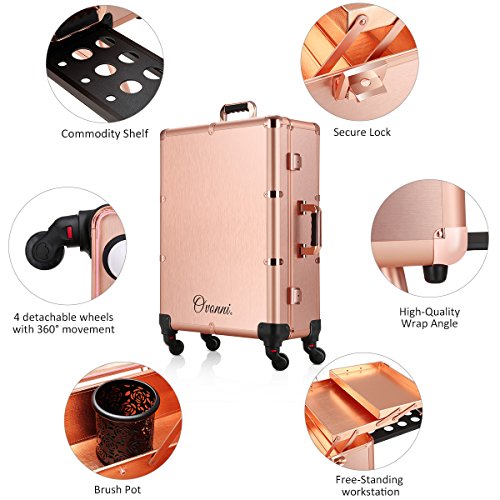 Ovonni LED Makeup Train Case, Lighted Rolling Travel Portable Cosmetic Organizer Box with Mirror & 4 Detachable Wheels, Professional Artist Trolley Studio Free Standing Workstation, Rose Gold