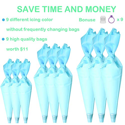 Qozary Reusable Decorating Bags, 9 Pack Silicone Piping Icing Bags, 27 Pieces Cake Decorating Tools with 9 Pastry Bags, 9 Standard Couplers and 9 Ties, Baking Supplies Kit for Cake, Cupcake, Cookies
