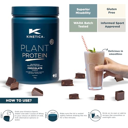Kinetica Sports Plant Protein Powder - Chocolate Flavour | 23g Protein/Serve, 33 Servings/1Kg | Blend of Pea & Rice Protein | Dairy & Gluten Free |Vegan & Low in Sugar | Easy Mixability