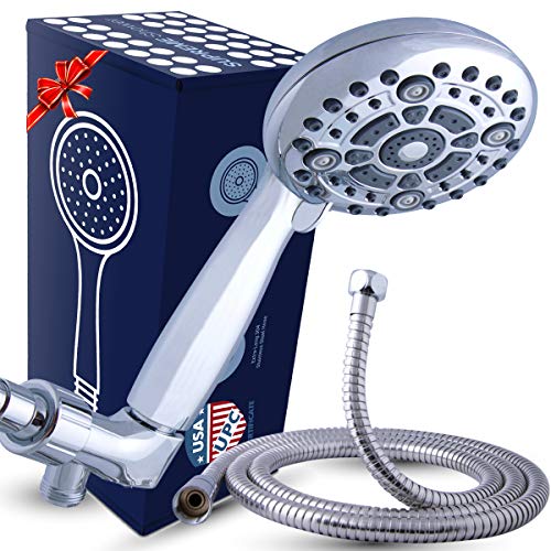 High Pressure XL Handheld Shower Head + Long Hose and Luxury 6 Spray Settings. Easy to Install