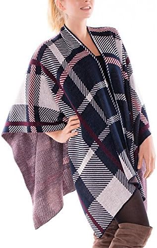 Women Knitted Open Front Cardigan Plaid Blanket Poncho Cape Wearover Wraps Wrap Shawl Cloak Coat