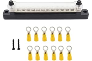 Power Distribution Block Bus Bar with Cover and Ring Terminals for Boat/Car/RV/Yacht, 2 x 1/4" Posts, 12 x M4 Screws Terminal