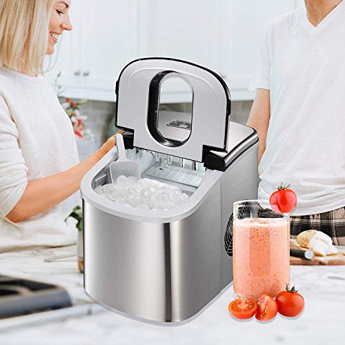 Countertop Ice Maker Machine,Portable Automatic Ice Maker,Ice Cubes Ready in 6 Mins,/1.5lbs Ice Storage,26lbs/24h,Ice Scoop and Basket,See-through Lid,LCD Display (Stainless Steel-2)