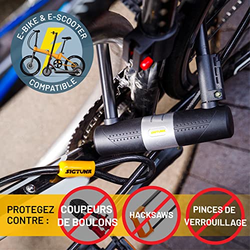 SIGTUNA Bicycle Lock with 1.2 m Cable, 16 mm Heavy Duty Bicycle Lock and Bracket, 3 Keys High Security for Road Bike, Folding Bike, Motorcycle (Yellow)